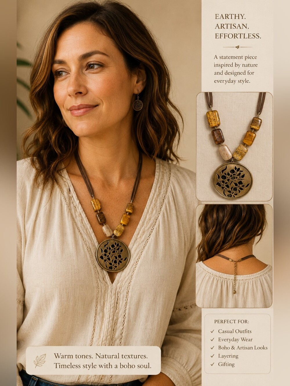 Avon Bronze Filigree Pendant Statement Necklace Brown Cord 12" Drop